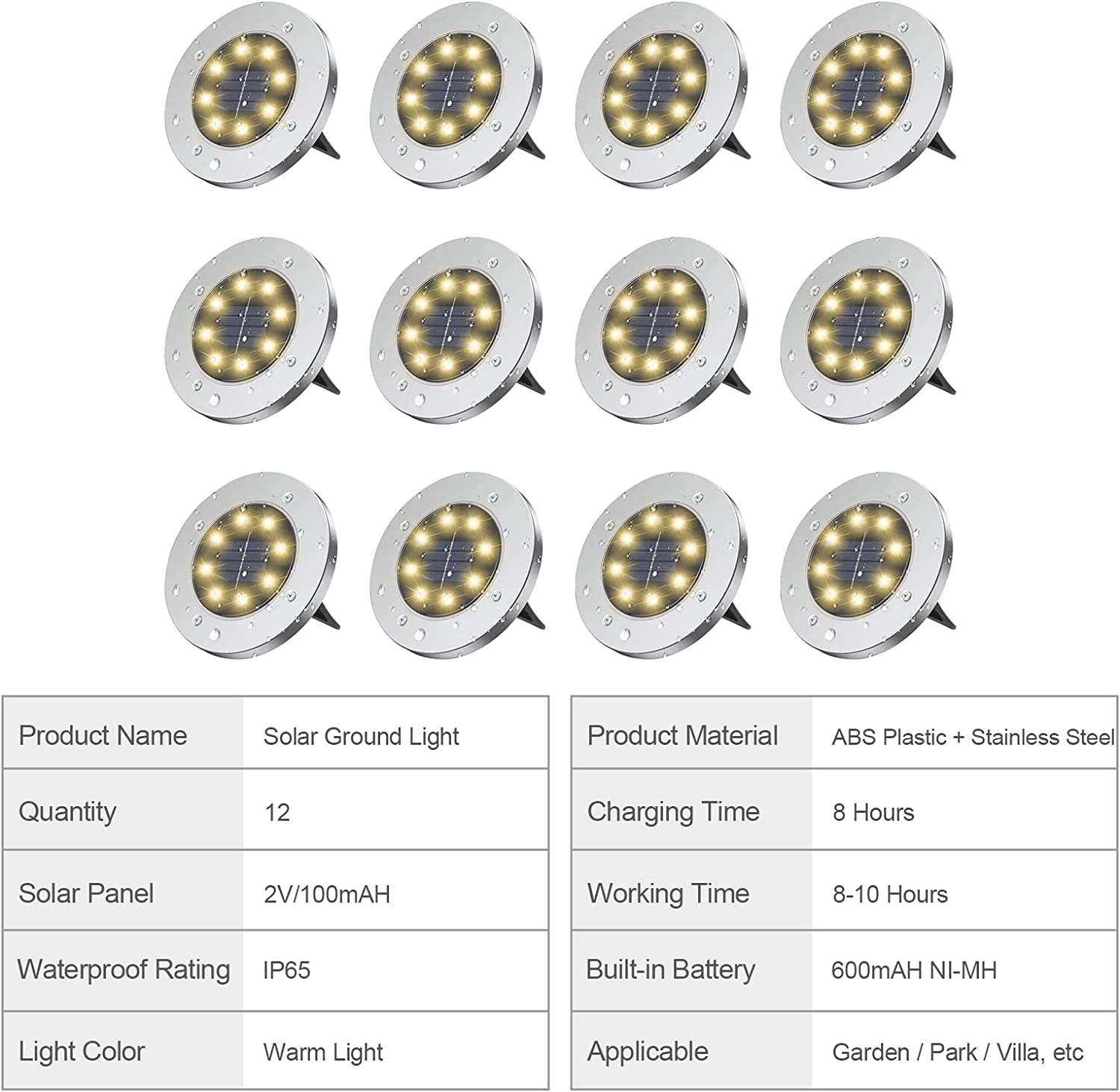 12Pack Solar Garden Light, Waterproof Solar Ground Disk Light, Outdoor Garden LED Solar Ground Lights for Pathway/Patio/Walkway/Path/Driveway/Lawn/Landscape Lighting (Warm)